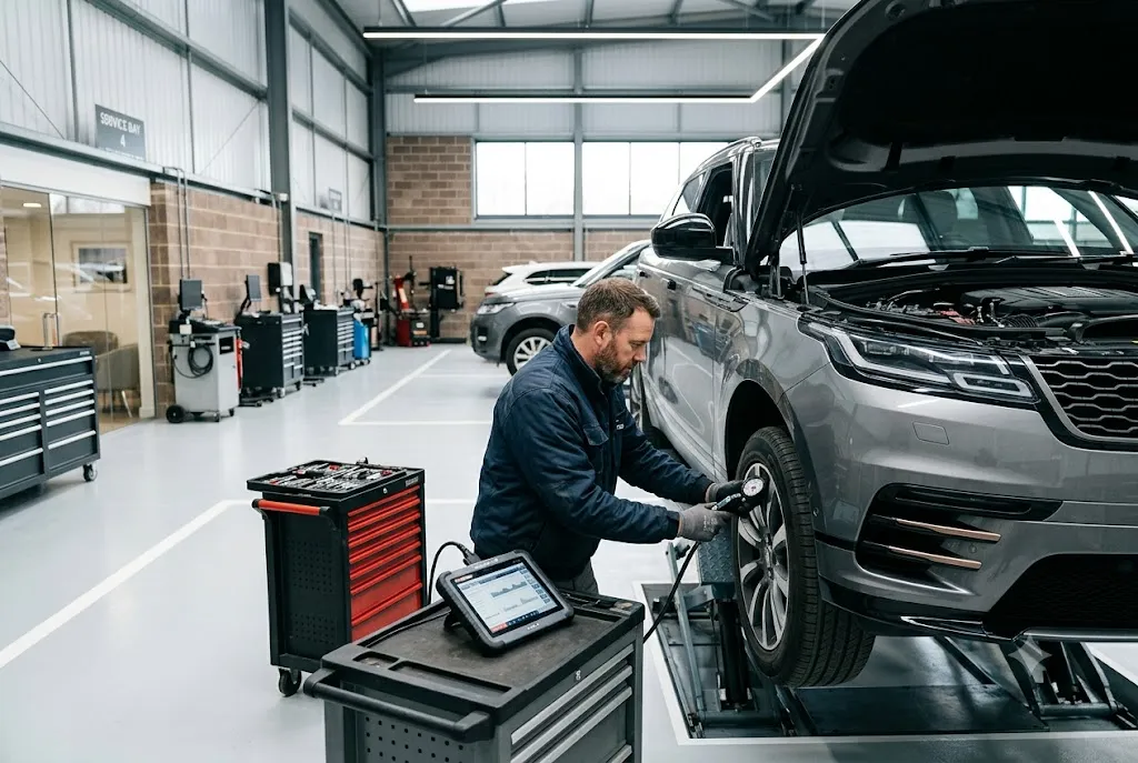 Professional mechanic carrying out routine automobile maintenance in a UK workshop