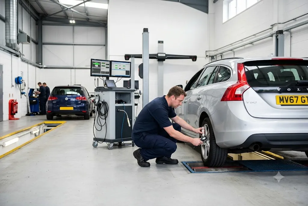 Professional MOT inspector carrying out a vehicle safety inspection in a UK MOT centre