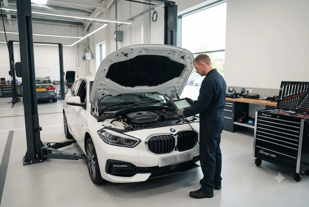 Professional technician carrying out a BMW service cost inspection on a BMW vehicle in a UK workshop.