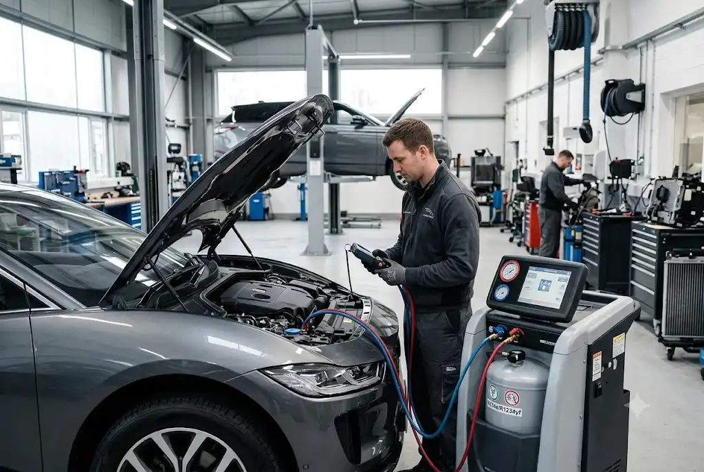 Automotive technician diagnosing a vehicle air conditioning system in a UK workshop