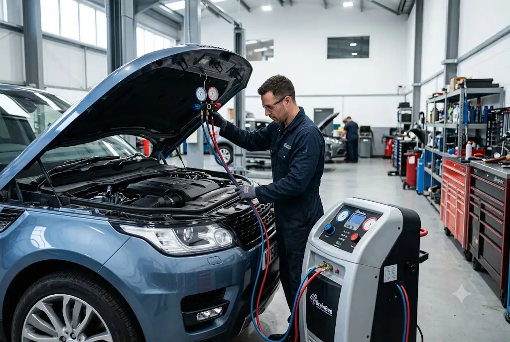 Technician performing car air conditioning repair on a modern vehicle in a UK garage.