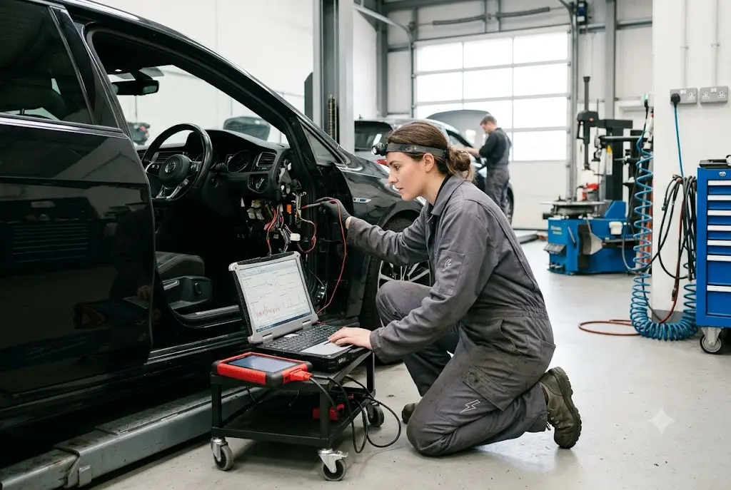 Auto electrician diagnosing vehicle electrical system in UK garage