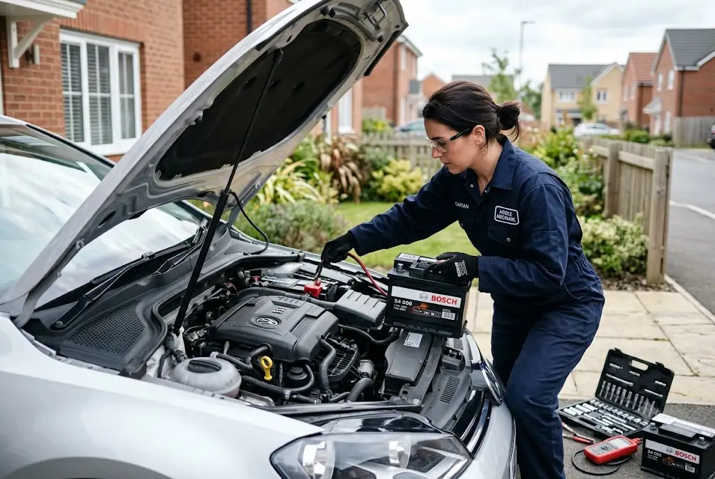 Technician performing car battery replacement on a modern vehicle in the UK.