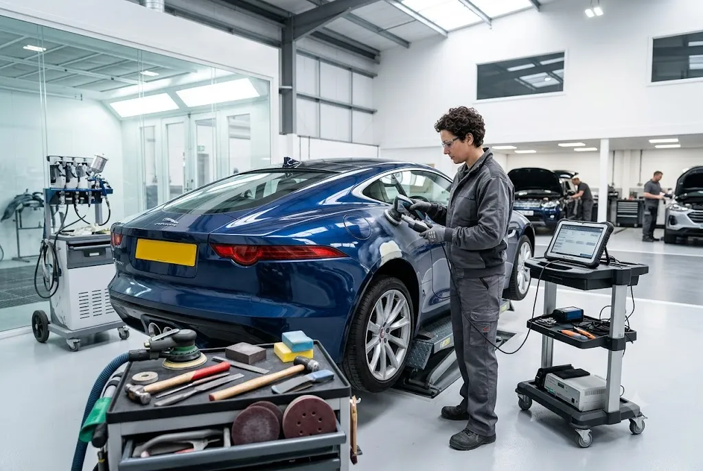 Professional vehicle body repair technician restoring damaged car panels in a UK workshop