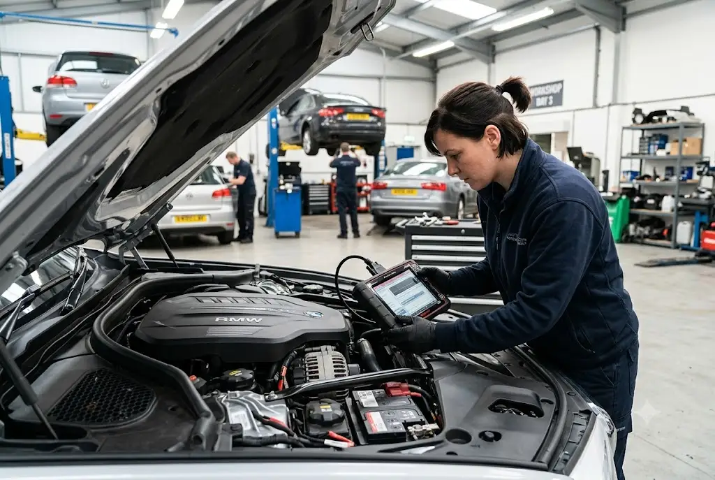 Technician performing car electrical diagnostics on a modern vehicle in a UK garage.
