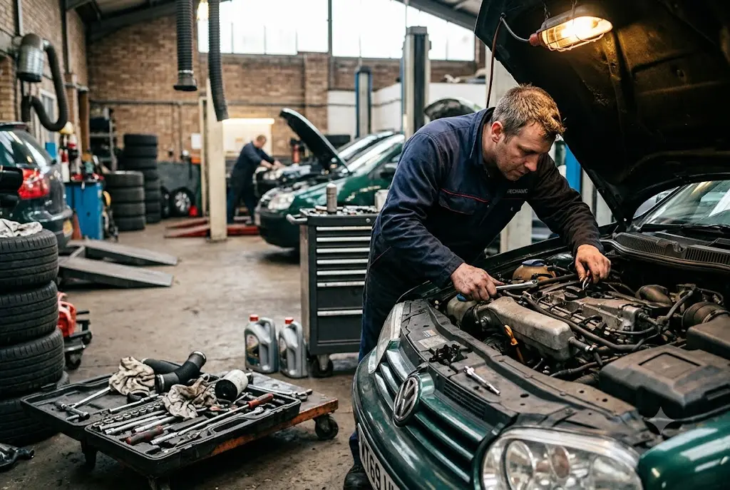 Mechanic repairing car engine in UK garage