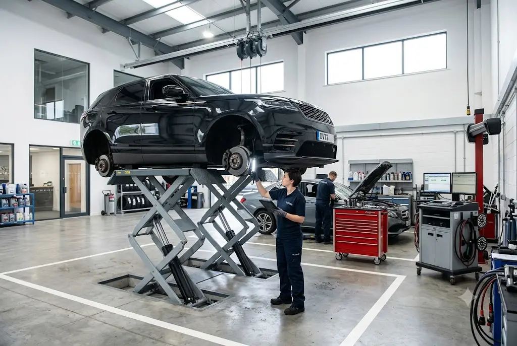 Mechanic performing full car service inspection in UK garage