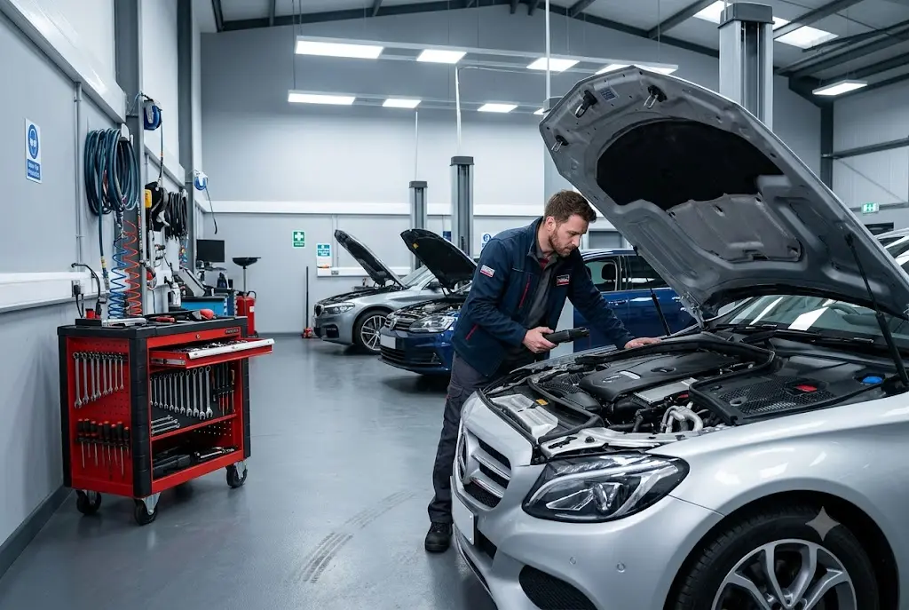Mechanic performing car service inspection in UK garage