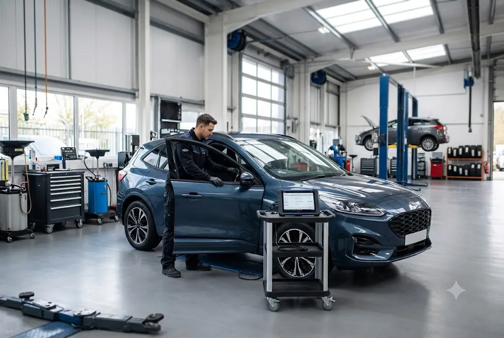 Professional technician servicing a Ford vehicle in a UK garage