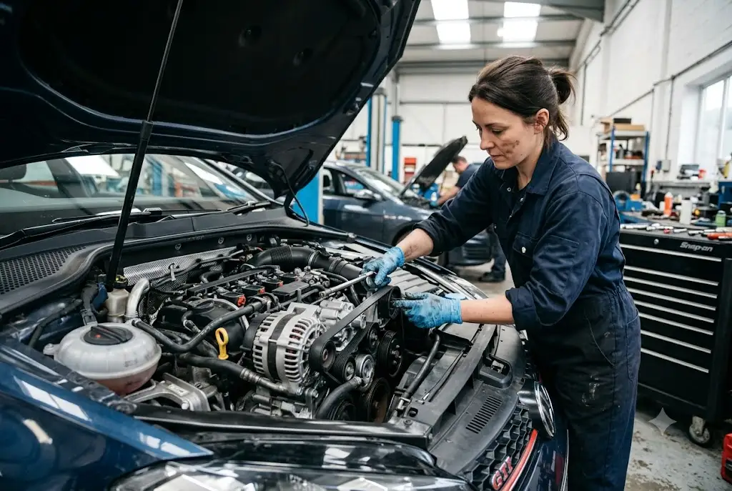 Mechanic performing engine belt replacement on a modern vehicle in a UK garage.