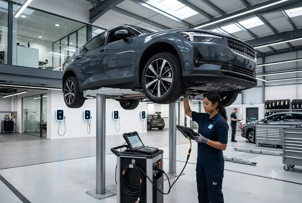 Technician inspecting an electric vehicle during a professional service appointment