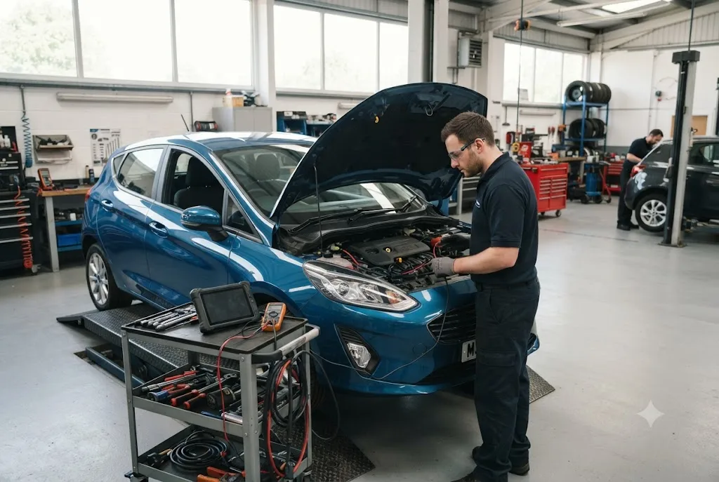 Professional mechanic performing a Ford service cost inspection on a Ford vehicle in a UK workshop.