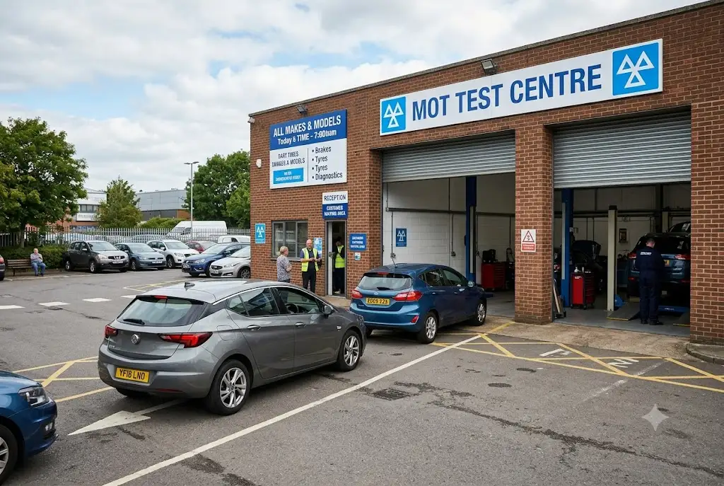 UK MOT test centre with vehicles waiting for inspection