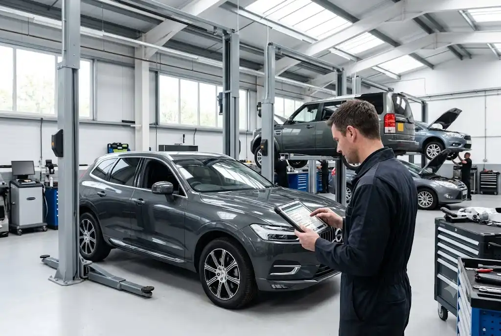 Mechanic checking a vehicle maintenance schedule in a UK service garage