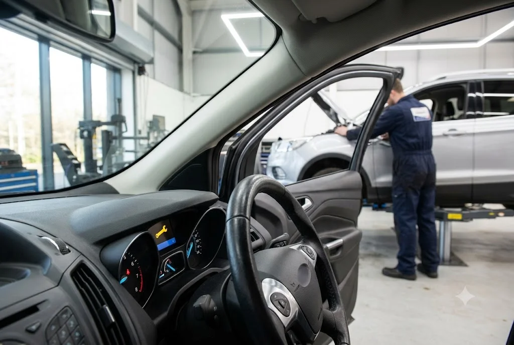 Car dashboard showing service reminder light in UK vehicle