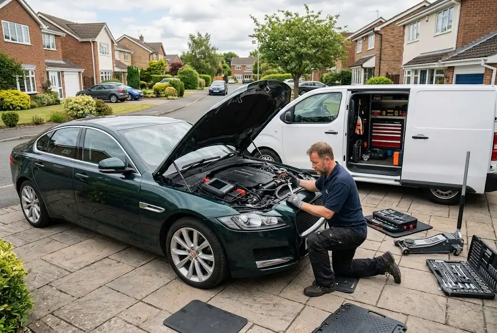 Mobile mechanic performing vehicle diagnostics at a customer's location in Shrewsbury