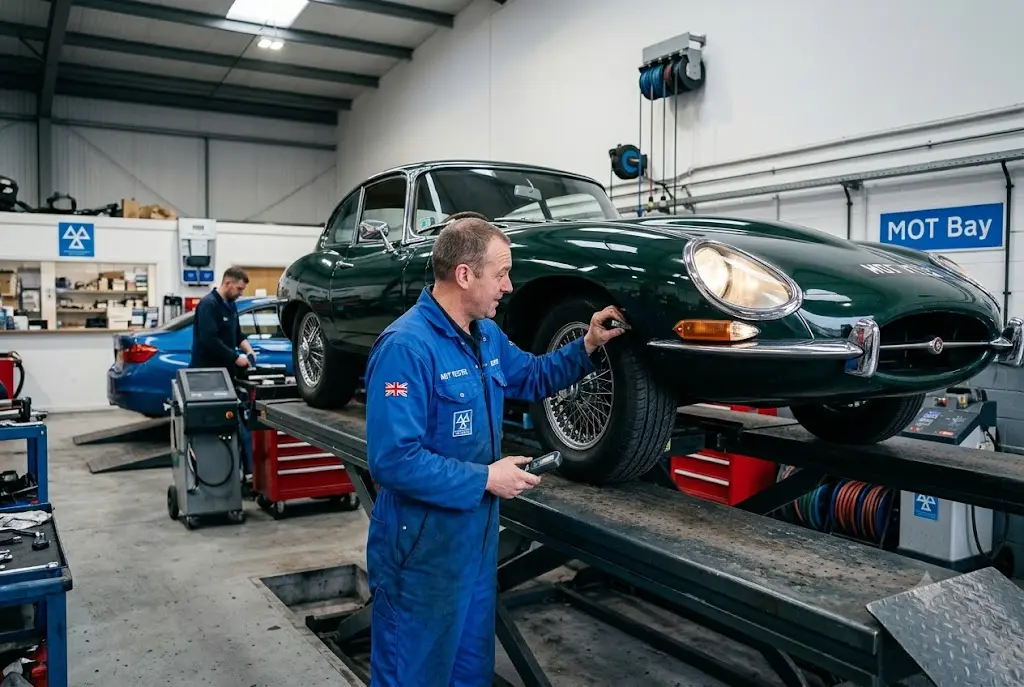 Car undergoing MOT test inspection in UK garage