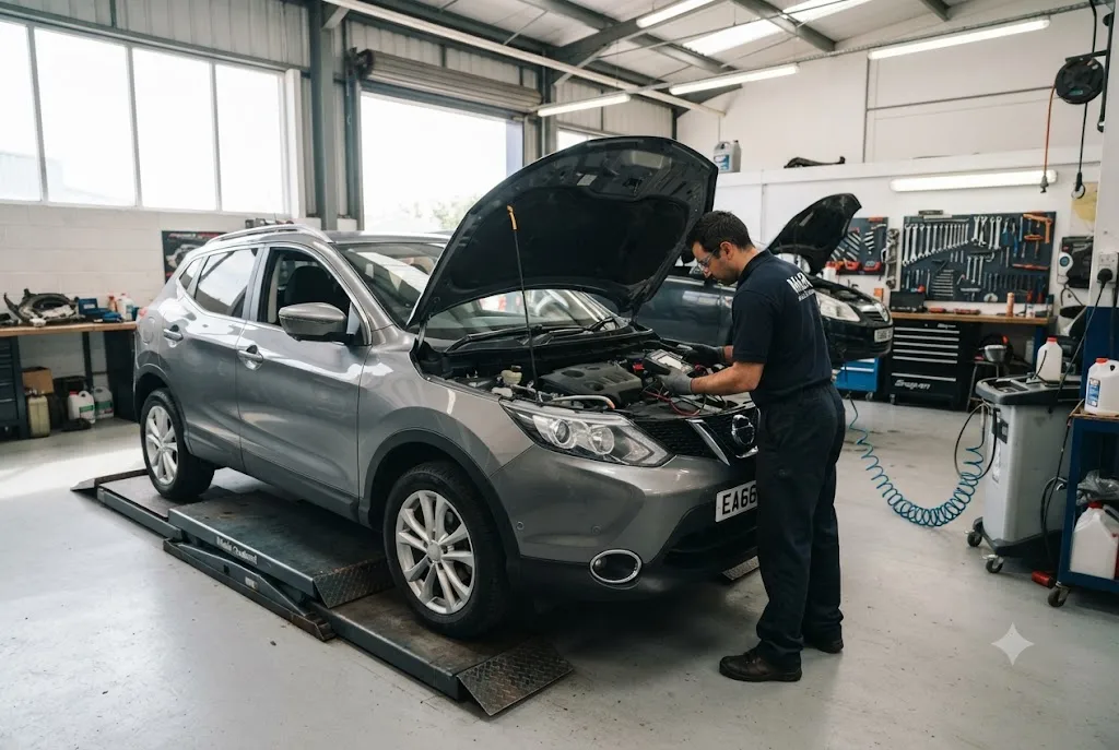 Professional technician carrying out a Nissan Qashqai service in a modern UK automotive workshop.