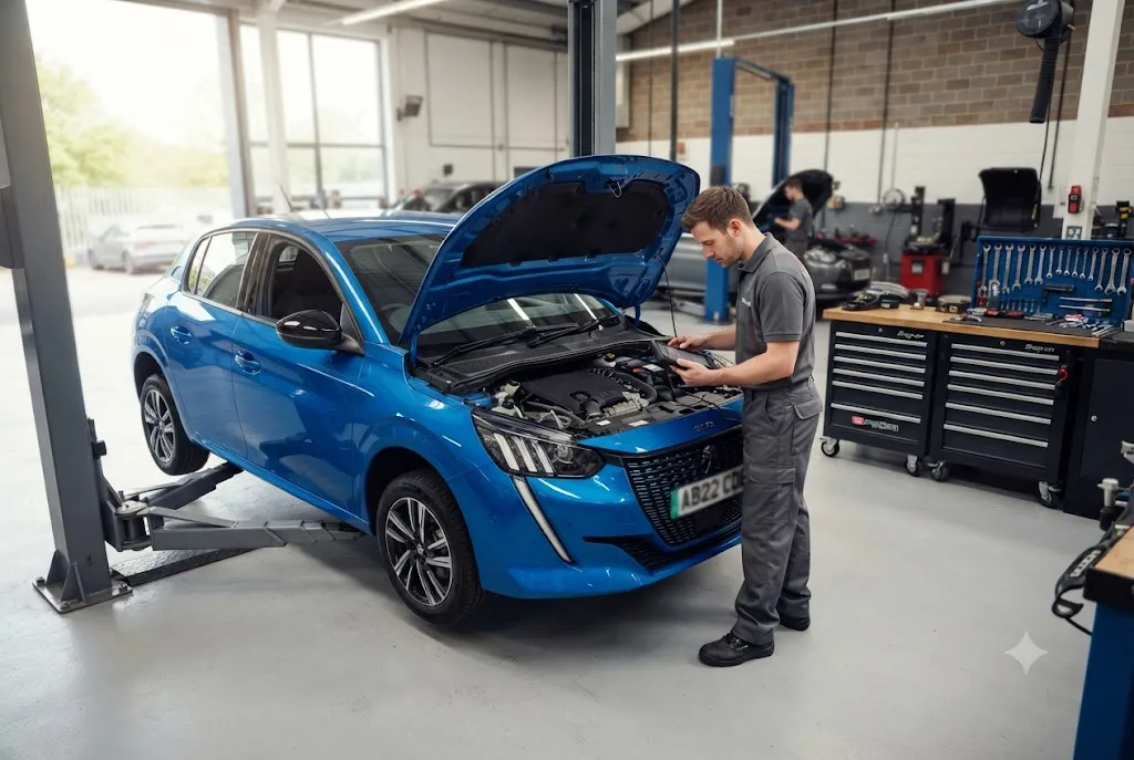 Professional mechanic performing a Peugeot service cost inspection on a Peugeot vehicle in a UK garage.