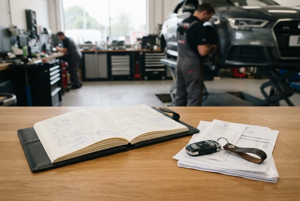Service log book showing detailed vehicle maintenance and servicing records