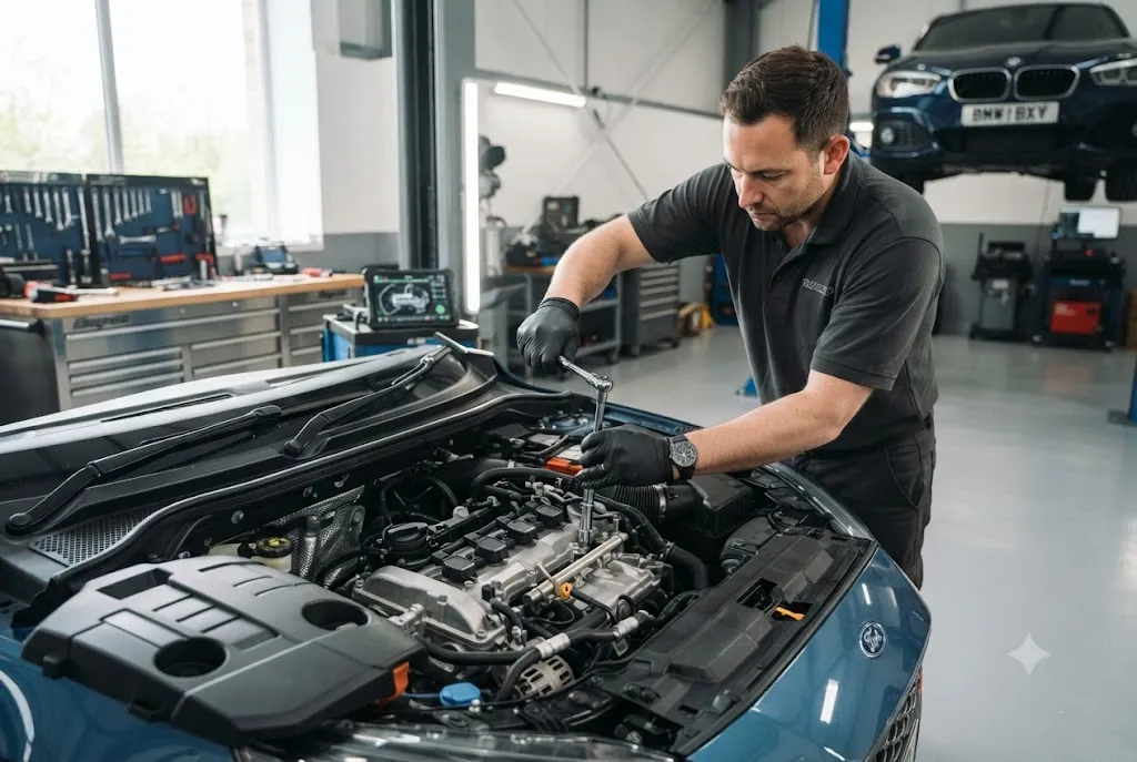 Mechanic carrying out spark plugs replacement on a modern vehicle engine