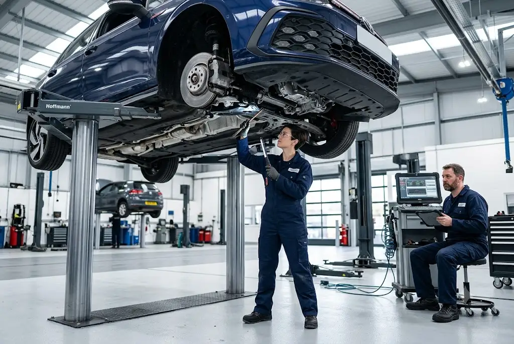 Professional vehicle inspection being carried out on a modern car in a UK garage.