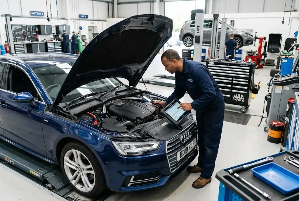 Professional mechanic carrying out a full vehicle service inspection in a UK garage