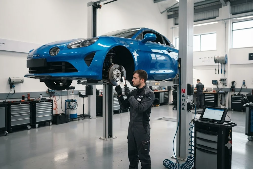 Technician inspecting a vehicle during when does a new car need servicing maintenance appointment