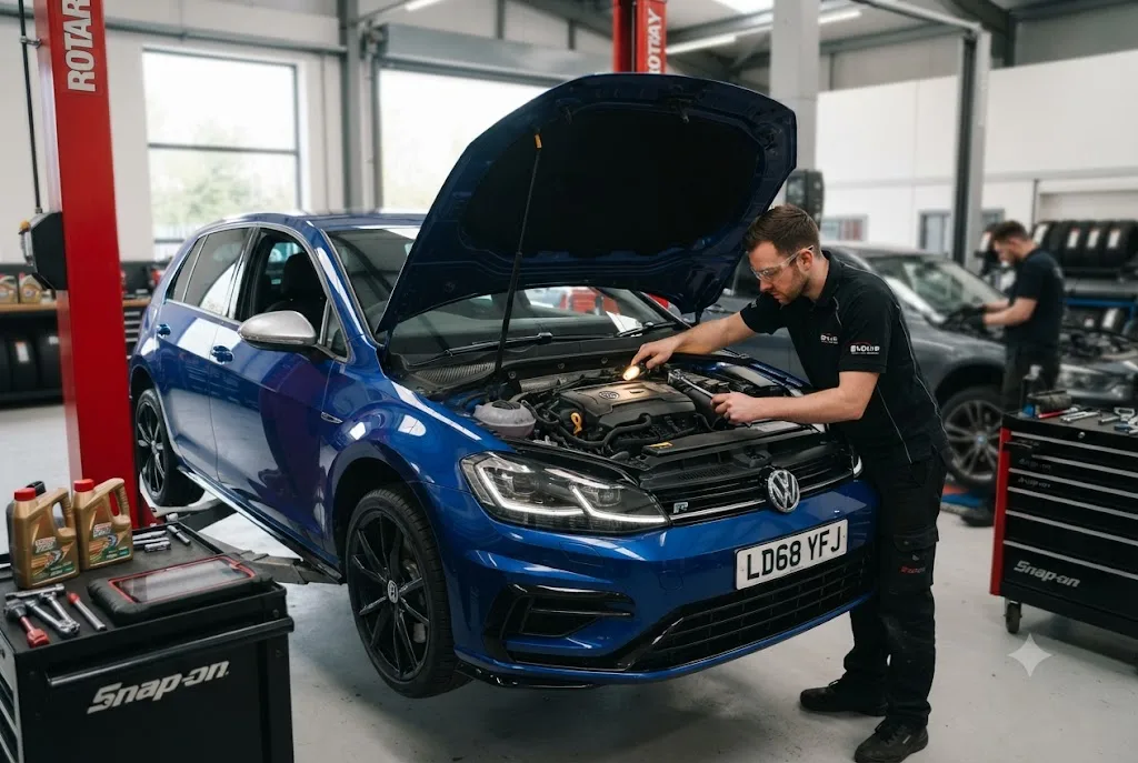 Mechanic inspecting a vehicle during a when is my car service due maintenance check