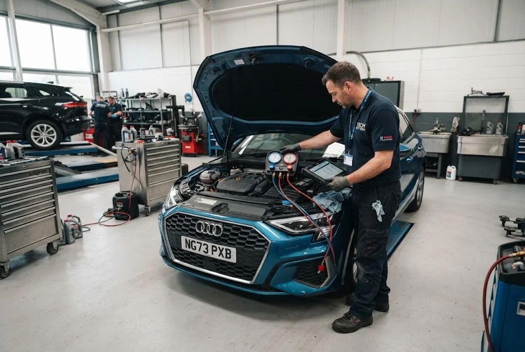 Air conditioning service cost for a car being checked by a UK mechanic