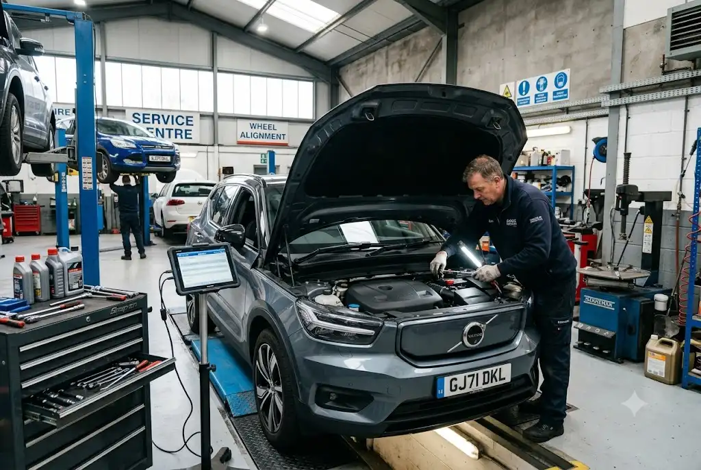 Car maintenance schedule being checked during a professional vehicle service