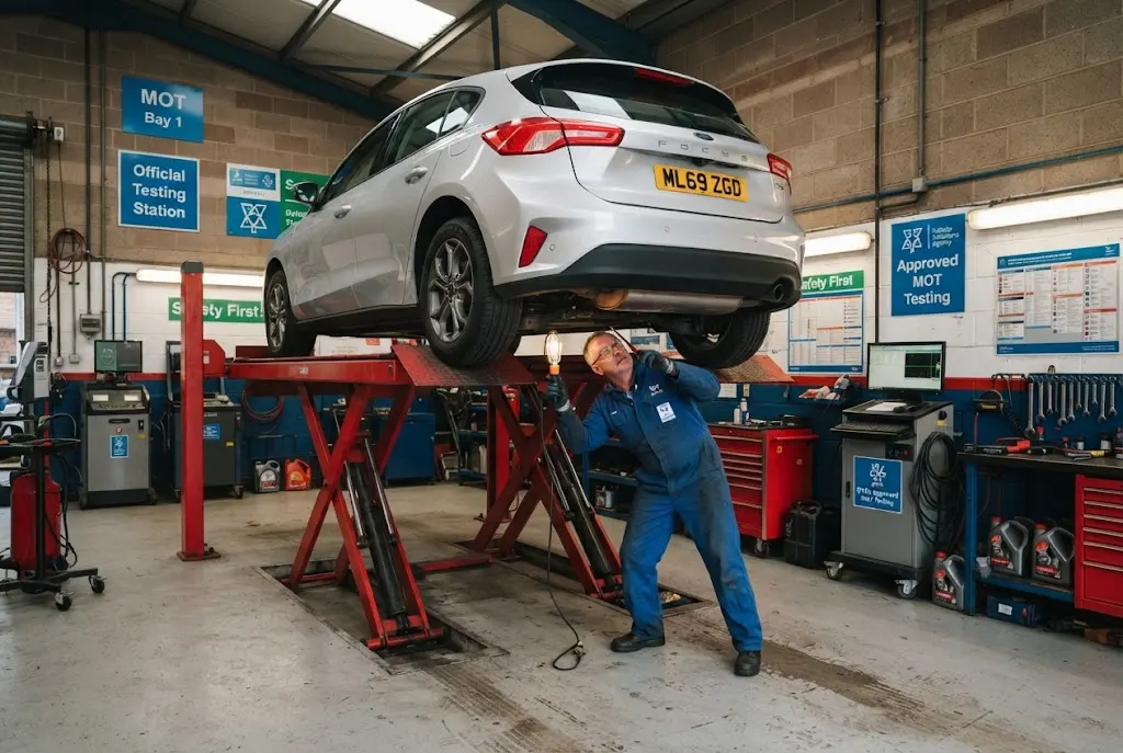 Car undergoing an MOT test in a professional UK garage