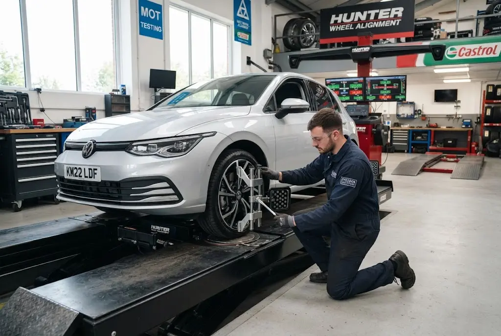 Car tracking and wheel alignment service in a professional UK garage
