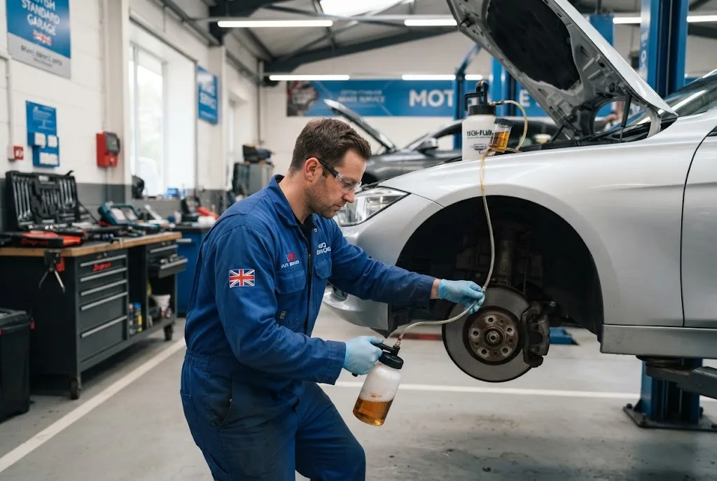 Brake fluid service and professional brake fluid replacement on a car
