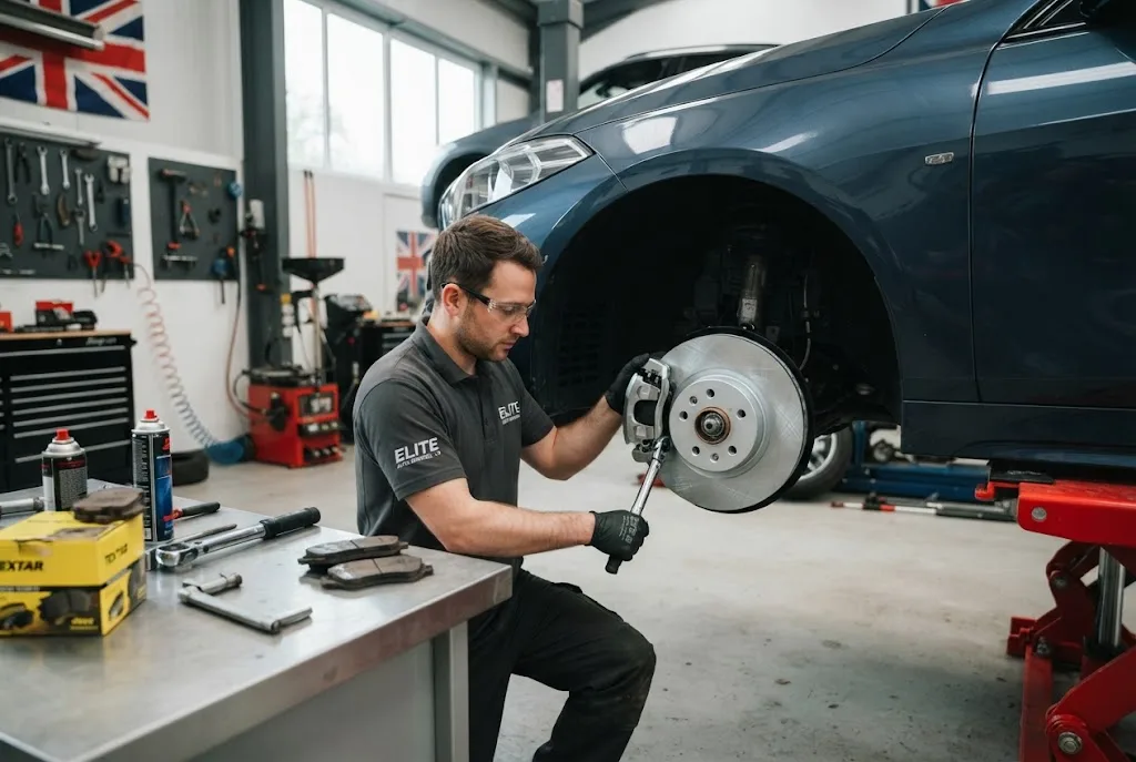 Brake pad and disc replacement on a car in a professional UK workshop