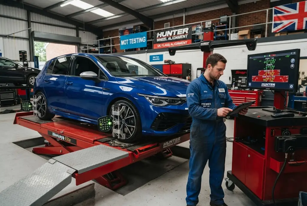 Wheel alignment cost service being performed on a car in a UK garage